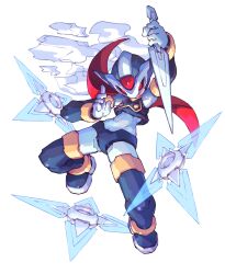 Rule 34 | 1boy, absurdres, armor, covered eyes, crotch plate, energy blade, eye mask, forehead jewel, glowing, glowing eyes, helmet, hidden phantom (mega man), highres, holding, holding weapon, iikoao, kuji-in, kunai, mega man (series), mega man zero (series), purple footwear, purple headwear, red eyes, red scarf, scarf, shuriken, simple background, smoke, solo, weapon, white background