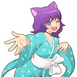 Rule 34 | 1girl, animal ears, breasts, cat ears, cat girl, choker, commentary, english commentary, floral print, indie virtual youtuber, japanese clothes, kimono, kirakirakat, medium hair, mike inel, one eye closed, open mouth, outstretched hand, purple eyes, purple hair, round teeth, small breasts, smile, solo, teeth, transparent background, upper body, virtual youtuber