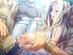 Rule 34 | 1girl, 4boys, armlet, bare shoulders, blonde hair, blush, grabbing another&#039;s breast, breasts squeezed together, breasts, breasts out, building, celestine lucullus, circlet, cup, dutch angle, earrings, elf, evil grin, evil smile, faceless, faceless male, game cg, grabbing, green eyes, grin, groping, half-closed eyes, halterneck, hikage eiji, holding, humiliation, jewelry, kuroinu ~kedakaki seijo wa hakudaku ni somaru~, lactating into container, lactation, large breasts, long hair, long pointy ears, lots of jewelry, male hand, molestation, mug, multiple boys, nexton, nipples, onlookers, open mouth, outdoors, piercing, pointy ears, public indecency, public nudity, saliva, smile, standing, sunlight, upper body, very long hair