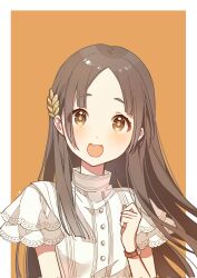 Rule 34 | 1girl, blush, brown hair, commentary, gakuen idolmaster, highres, idolmaster, kuramoto china, layered sleeves, long hair, looking at viewer, parted bangs, rain37280562, shirt, short sleeves, simple background, smile, solo, symbol-only commentary, teeth, two-tone background, upper body, upper teeth only, very long hair, watch, white shirt, wristwatch