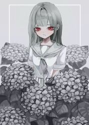 Rule 34 | 1girl, arms at sides, bad id, bad twitter id, closed mouth, flower, greyscale, hydrangea, image sample, long hair, looking at viewer, monochrome, neckerchief, non-web source, original, outside border, pleated skirt, red eyes, sailor collar, sailor shirt, school uniform, serafuku, shiona (siona0625), shirt, short sleeves, skirt, solo, spot color, standing, straight hair, twitter sample, upper body