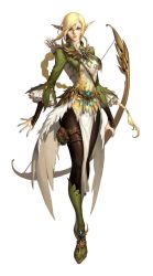 Rule 34 | 1girl, arrow (projectile), artist request, blonde hair, blue nails, boots, bow, bow (weapon), detached sleeves, dress, elf, feathers, green eyes, green footwear, jacket, jewelry, jpeg artifacts, legband, long dress, long hair, long sleeves, nail polish, pantyhose, pointy ears, ponytail, pouch, quiver, simple background, solo, standing, weapon, white background
