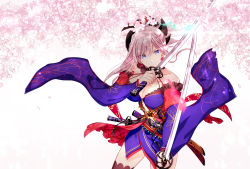 Rule 34 | 1girl, blue eyes, breasts, cleavage, detached sleeves, dual wielding, fate/grand order, fate (series), flower, glint, hair ornament, head tilt, highres, holding, japanese clothes, katana, kimono, looking at viewer, miyamoto musashi (fate), miyamoto musashi (third ascension) (fate), petals, pink hair, scabbard, serious, sheath, solo, ssk (yoiosushi), sword, tsurime, weapon
