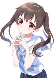 Rule 34 | 1girl, black hair, blue neckwear, blue skirt, blush, brown eyes, buchi (y0u0ri ), female focus, highres, looking at viewer, original, own hands together, pleated skirt, school uniform, simple background, skirt, smile, solo, twintails, white background