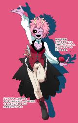 Rule 34 | 10s, 1girl, ;d, alternate costume, antennae, arm up, ashido mina, bad id, bad pixiv id, black sclera, boku no hero academia, boots, breasts, cleavage, colored sclera, colored skin, full body, highres, long sleeves, looking at viewer, one eye closed, open mouth, pants, pink background, pink hair, pink skin, see-through, short hair, silver (silverstar), simple background, smile, teeth, text focus, translation request, yellow eyes