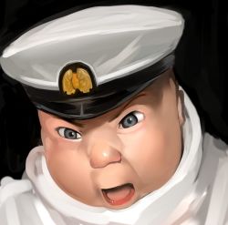 Rule 34 | 1boy, angry, baby, black background, commentary request, grey eyes, harau, hat, kantai collection, little boy admiral (kancolle), looking at viewer, male focus, meme, military, military hat, military uniform, naval uniform, open mouth, peaked cap, simple background, solo, uniform