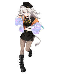 Rule 34 | 1girl, :q, absurdres, animal ears, black footwear, black hat, black nails, black shirt, black skirt, blush, boots, closed mouth, clothes writing, ear piercing, felutiahime, fishnet pantyhose, fishnets, full body, grey eyes, grey hair, hair between eyes, hand in pocket, hat, highres, hololive, jacket, knee boots, lion ears, lion girl, lion tail, long hair, long sleeves, nail polish, open clothes, open jacket, pantyhose, piercing, shirt, shishiro botan, simple background, skirt, smile, solo, swimsuit, tail, tongue, tongue out, virtual youtuber, white background