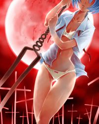 Rule 34 | 1girl, ayanami rei, bident, blue hair, bow, bow panties, bra, dr rex, dress shirt, head out of frame, lance of longinus (evangelion), lingerie, neon genesis evangelion, no pants, panties, polearm, shirt, short hair, solo, thigh gap, translation request, underwear, white bra, white panties