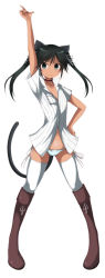 Rule 34 | 1girl, animal ears, bikini, black hair, blue eyes, boots, cat ears, cat tail, francesca lucchini, full body, hand on own hip, hip focus, long hair, navel, panties, parody, rosettastone, saturday night fever, shirt, side-tie bikini bottom, side-tie panties, simple background, smile, solo, strike witches, striped bikini, striped clothes, striped panties, swimsuit, tail, thighhighs, twintails, underwear, world witches series
