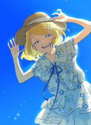 1girl absurdres adjusting_eyewear bare_arms blonde_hair blue_dress blue_flower blue_pansy blue_sky blush bon_bon_eee collar collared_dress dress floral_print flower frilled_collar frilled_dress frills from_below hair_ornament hairclip half-closed_eyes hat hat_ribbon highres kagamine_rin light_particles looking_at_viewer open_mouth pansy ribbon short_hair short_sleeves sidelocks sky smile solo straw_hat sun_hat sundress teeth vocaloid white_ribbon