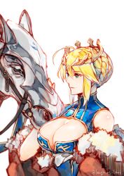 Rule 34 | 1girl, ahoge, arm at side, armored animal, artoria pendragon (fate), artoria pendragon (lancer) (fate), bare shoulders, blonde hair, blue leotard, braid, braided bun, breasts, cape, cleavage, cleavage cutout, closed mouth, clothing cutout, commentary, crown, dun stallion (fate), fate/grand order, fate (series), fur-trimmed cape, fur trim, gold trim, green eyes, hair between eyes, hair bun, hand up, heattech leotard, horse, itou misei, large breasts, leotard, looking at animal, petting, red cape, simple background, sleeveless, sleeveless turtleneck leotard, smile, solo, twitter username, upper body, white background