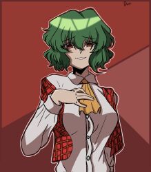 Rule 34 | 1girl, ascot, breasts, collared shirt, commentary, durdurdur, english commentary, green hair, highres, kazami yuuka, looking at viewer, parted lips, plaid, plaid vest, red background, red eyes, red vest, shirt, short hair, signature, solo, touhou, upper body, vest, white shirt, yellow ascot