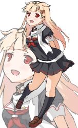 Rule 34 | 1girl, arms behind back, black ribbon, black serafuku, black skirt, black socks, blonde hair, brown footwear, commentary request, hair flaps, hair ornament, hair ribbon, hairclip, highres, kantai collection, kneehighs, loafers, long hair, looking at viewer, neckerchief, pleated skirt, poipoi purin, red eyes, red neckerchief, ribbon, scarf, school uniform, serafuku, shoes, simple background, skirt, socks, solo, standing, white background, white scarf, yuudachi (kancolle), yuudachi kai ni (kancolle), zoom layer
