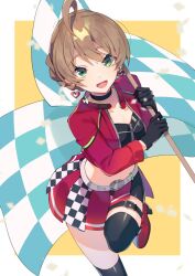Rule 34 | 1girl, ahoge, belt, black choker, black gloves, black shirt, black socks, blush, braid, breasts, brown hair, checkered clothes, checkered flag, checkered skirt, choker, collarbone, cropped jacket, cropped shirt, earrings, flag, gloves, green eyes, grid background, hair between eyes, heart, heart earrings, high heels, holding, holding flag, idolmaster, idolmaster million live!, idolmaster million live! theater days, imtyousei, jacket, jewelry, long sleeves, looking at viewer, medium breasts, midriff, open clothes, open jacket, open mouth, outside border, red jacket, red skirt, sakuramori kaori, shirt, short hair, simple background, skirt, smile, socks, solo, standing, standing on one leg, thigh belt, thigh strap, thighhighs, yellow background, zipper