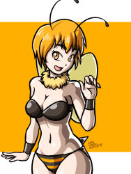 Rule 34 | 10s, 1girl, 2019, antennae, arthropod girl, bee girl, bee wings, black bra, black panties, blonde hair, borrowed character, bra, breasts, brown eyes, cleavage, collar, collarbone, dated, fur collar, fur trim, highres, insect girl, insect wings, january, large breasts, looking at viewer, mely, navel, open mouth, panties, short hair, simgart, smile, standing, stinger, striped clothes, striped panties, underwear, wings, wristband, yellow background, yellow panties