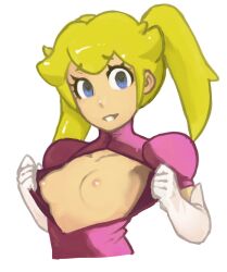 Rule 34 | 1girl, alternate hairstyle, blonde hair, blue eyes, borvar, breasts, dress, gloves, grin, highres, long hair, looking at viewer, mario (series), nintendo, nipples, presenting, princess, princess peach, small breasts, smile, solo, super mario bros. 1, twintails