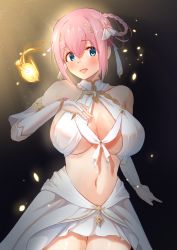 Rule 34 | 1girl, absurdres, arm behind back, bare shoulders, blue eyes, blush, braid, braided hair rings, breasts, bridal gauntlets, elbow gloves, gloves, hair between eyes, hair rings, halterneck, hand up, highres, huge breasts, looking at viewer, midriff, open mouth, pink hair, pirumu, princess connect!, revealing clothes, short hair, skirt, solo, standing, tareme, white gloves, white skirt, yui (ceremonial) (princess connect!), yui (princess connect!)