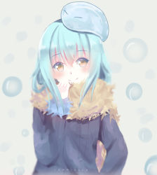 Rule 34 | 10s, 1other, absurdres, artist name, blue hair, blue jacket, blurry, blurry foreground, blush, brown eyes, closed mouth, commentary request, depth of field, fur-trimmed jacket, fur-trimmed sleeves, fur trim, grey background, hair between eyes, head tilt, highres, jacket, lawnielle, on head, rimuru tempest, slime (creature), smile, tensei shitara slime datta ken, upper body