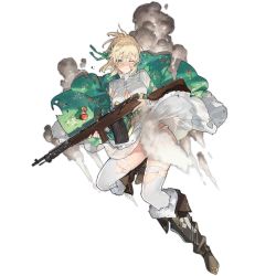Rule 34 | 1girl, assault rifle, battle rifle, blonde hair, blush, boots, breasts, brown footwear, closed mouth, dress, fedorov (girls&#039; frontline), fedorov avtomat, floor, girls&#039; frontline, green eyes, green ribbon, gun, hair between eyes, hair ribbon, highres, holding, holding weapon, knee boots, looking at viewer, medium breasts, medium hair, official art, one eye closed, panties, ribbon, rifle, shirt, solo, standing, standing on one leg, starshadowmagician, tears, thighhighs, torn clothes, torn dress, torn shirt, torn thighhighs, traditional dress, transparent background, underwear, weapon, white panties, white shirt, white thighhighs