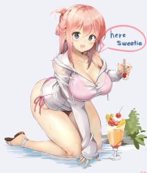 Rule 34 | 1girl, :d, all fours, aymusk, bare shoulders, bikini, blue eyes, breasts, cleavage, collarbone, cup, drawstring, drinking glass, english text, halterneck, highres, holding, holding spoon, jacket, large breasts, long hair, long sleeves, looking at viewer, off shoulder, open mouth, original, parfait, pink bikini, pink hair, sandals, see-through, side-tie bikini bottom, smile, solo, speech bubble, spoon, swimsuit, thighs, water, wet, wet clothes, white jacket
