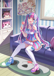 Rule 34 | + +, 10s, 1girl, :3, :d, ahoge, animal ear headphones, animal ears, ankle strap, asymmetrical footwear, bang dream!, bare shoulders, blonde hair, blue bow, blue footwear, blue hair, blunt bangs, blush, book, bow, candy, cat ear headphones, character doll, choker, commentary request, couch, cross-laced clothes, cushion, day, dress, fake animal ears, food, frilled sleeves, frills, hair bobbles, hair ornament, headphones, highres, hikawa hina, holding, holding candy, holding food, holding lollipop, indoors, kenkou toshikou, lollipop, long hair, looking at viewer, maruyama aya, michelle (bang dream!), mismatched footwear, multicolored clothes, multicolored dress, multicolored hair, nesoberi, nyubara reona, o o, open mouth, pink bow, pink dress, pink eyes, pink hair, poster (object), purple dress, rug, shirasagi chisato, short sleeves, sitting, smile, solo, stuffed animal, stuffed toy, tamade chiyu, teddy bear, thighhighs, twintails, two-tone hair, very long hair, wakamiya eve, white hair, white thighhighs, window, wooden floor, wrist bow, yellow dress