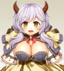 Rule 34 | 10s, 1girl, asamura hiori, blush, breasts, brown eyes, camieux, cleavage, draph, dress, female focus, granblue fantasy, highres, horns, kumuyu, large breasts, long hair, long sleeves, looking at viewer, low twintails, open mouth, silver hair, solo, twintails, wide sleeves