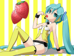 Rule 34 | 1girl, aqua eyes, aqua hair, arm support, bad id, bad pixiv id, bare shoulders, belt, bracelet, collar, eating, food, fruit, hatsune miku, headset, jewelry, long hair, navel, necktie, nekokana, project diva (series), project diva 2nd, shorts, sitting, solo, strawberry, striped, striped background, thighhighs, twintails, very long hair, vocaloid, lat model (mikumikudance), yellow (vocaloid), yellow theme, yellow thighhighs