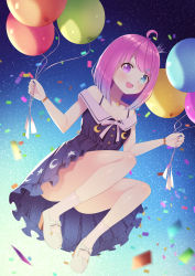 Rule 34 | 1girl, absurdres, ahoge, balloon, blue dress, blue eyes, blurry, blurry foreground, blush, breasts, commentary request, confetti, convenient leg, crescent, crescent necklace, dress, frilled dress, frills, full body, gradient hair, hair ornament, hairclip, heterochromia, highres, himemori luna, himemori luna (sundress), holding, holding balloon, hololive, jewelry, kage (ka 9e 4su), legs, looking at viewer, medium hair, multicolored hair, necklace, off-shoulder dress, off shoulder, official alternate costume, open mouth, outdoors, pink hair, print dress, purple eyes, purple hair, shadow, sky, small breasts, solo, star (sky), starry sky, swept bangs, thighs, virtual youtuber, white footwear, white legwear