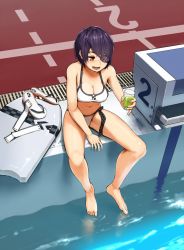 Rule 34 | 10s, 1girl, :d, barefoot, bikini, breasts, cleavage, cup, drink, eyepatch, holding, kantai collection, kickboard, navel, open mouth, pool, poolside, purple hair, sandals, satsuki neko, shoes, unworn shoes, short hair, sitting, smile, solo, swimsuit, tenryuu (kancolle), water