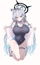 Rule 34 | 1girl, absurdres, ahoge, animal ear fluff, animal ears, bare legs, bare shoulders, black one-piece swimsuit, blue archive, blue eyes, blush, breasts, competition swimsuit, cross hair ornament, dark halo, full body, grey hair, hair between eyes, hair ornament, halo, highres, large breasts, long hair, mismatched pupils, nano (blueoekaki), one-piece swimsuit, open mouth, sandals, shiroko (blue archive), shiroko terror (blue archive), simple background, solo, swimsuit, thigh strap, white background, wolf ears