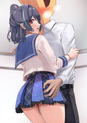 Rule 34 | 1boy, 1girl, blue hair, blue sailor collar, blush, bracelet, breath, chicken (chickenx), dark blue hair, hand on another&#039;s arm, hand on another&#039;s ass, hetero, highres, idolmaster, idolmaster shiny colors, indoors, jewelry, looking at viewer, looking back, morino rinze, multicolored hair, p-head producer, producer (idolmaster), red eyes, sailor collar, streaked hair