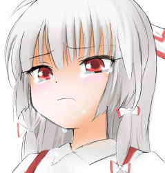 Rule 34 | 1girl, blush, bow, crying, crying with eyes open, female focus, fujiwara no mokou, graphite (medium), hair bow, long hair, mixed media, portrait, red eyes, sad, shirt, silver hair, simple background, solo, tears, tenmaru-02, touhou, traditional media, white background