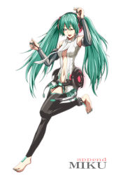 Rule 34 | 1girl, anklet, aqua eyes, aqua hair, aqua nails, barefoot, belt, bridal gauntlets, elbow gloves, fingerless gloves, full body, gloves, hatsune miku, hatsune miku (append), jewelry, legs, long hair, nail polish, navel, necktie, no10, one eye closed, simple background, smile, solo, thighhighs, toeless legwear, twintails, vocaloid, vocaloid append, wink