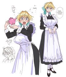 Rule 34 | 1girl, apron, blonde hair, blush, bow, breasts, bun cover, conto, crying, dress, english text, frilled apron, frills, full body, grey eyes, hair bow, hair bun, high heels, juliet sleeves, large breasts, long sleeves, maid, multiple views, open mouth, original, pantyhose, puffy sleeves, smile, teapot, wavy mouth