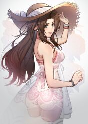 Rule 34 | 1girl, aerith gainsborough, ass, bikini, blush, breasts, brown hair, commentary, dress, english commentary, final fantasy, final fantasy vii, final fantasy vii ever crisis, forehead, from behind, green eyes, grin, hat, highres, lips, long hair, looking at viewer, lukrevadraws, medium breasts, official alternate costume, pink bikini, pink lips, see-through, see-through dress, sidelocks, smile, solo, straw hat, sun hat, swimsuit, white background