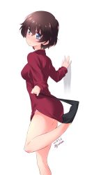 Rule 34 | 1girl, absurdres, akaboshi koume, arm support, black socks, blue eyes, blush, brown hair, closed mouth, commentary, dated, dress shirt, from side, frown, girls und panzer, highres, kneepits, kuzuryuu kennosuke, leg up, legs, long sleeves, looking at viewer, no pants, one-hour drawing challenge, panties, red shirt, shirt, short hair, simple background, sock pull, socks, solo, standing, twitter username, underwear, undressing, wavy hair, white background, white panties