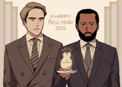 Rule 34 | 2023, 2boys, animal ears, beard, black hair, black suit, blonde hair, blue eyes, breast pocket, brown suit, buttons, chinese zodiac, collared shirt, curtained hair, dark-skinned male, dark skin, diagonal-striped clothes, diagonal-striped necktie, emphasis lines, facial hair, fingernails, food request, formal, grey necktie, handkerchief in pocket, holding, holding plate, light-skinned palms, looking at another, looking at viewer, male focus, mozu suka, multiple boys, necktie, neil (tenet), parted hair, plate, pocket, protagonist (tenet), rabbit ears, shirt, short hair, striped clothes, suit, tenet (movie), thick lips, upper body, year of the rabbit