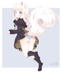 Rule 34 | 10s, 1girl, accidental exposure, animal ears, ass, bad id, bad pixiv id, black dress, blade &amp; soul, blue eyes, boots, clenched hands, clothes lift, curly hair, dog ears, dress, dress lift, from behind, highres, knee boots, large tail, legs, long hair, long tail, looking back, lyn (blade &amp; soul), panties, paw pose, short dress, solo, striped clothes, striped panties, susukitten, tail, underwear, white hair