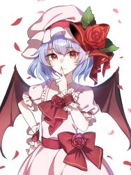 Rule 34 | 1girl, ametama (runarunaruta5656), bat wings, closed mouth, fingernails, flower, hand on own hip, hat, hat ribbon, highres, leaf, long fingernails, looking at viewer, nail polish, petals, purple hair, red eyes, red flower, red nails, red ribbon, red rose, remilia scarlet, ribbon, rose, short hair, simple background, smile, solo, touhou, white background, white hat, wings, wrist cuffs