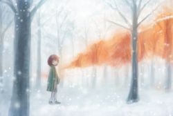 Rule 34 | androgynous, coat, evanescent existence, forest, gender request, green coat, hood, hooded jacket, hoodie, jacket, len&#039;en, nature, necktie, red hair, shitodo hooaka, short hair, shorts, snowing, solo, yamanoskk