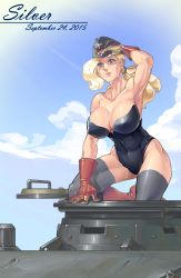 Rule 34 | 1girl, abs, absurdres, armpits, bad id, bad pixiv id, bare shoulders, blonde hair, blue eyes, boots, breasts, cloud, covered navel, dated, day, female focus, gloves, grey thighhighs, hat, highres, large breasts, leotard, lips, long hair, military, military hat, military vehicle, motor vehicle, ponytail, red footwear, red gloves, sakari, sky, solo, sweat, tank, thighhighs, vehicle