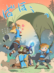 1boy 2girls absurdres arms_up black_pants blonde_hair blue_eyes blue_tunic bob_cut boots brown_footwear brown_gloves brown_pants cape champion&#039;s_tunic_(zelda) commentary_request dated deformed dust fi_(zelda) fingerless_gloves gloves gold_trim grey_cape highres holding in-franchise_crossover isedaichi_ken jumping korok link looking_at_another master_sword multiple_girls nintendo open_mouth orange_sky pants pointy_ears princess_zelda scabbard sheath sheathed short_hair sky standing the_legend_of_zelda the_legend_of_zelda:_skyward_sword the_legend_of_zelda:_tears_of_the_kingdom translation_request tunic twitter_username