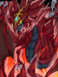 Rule 34 | 1boy, absurdres, artist request, claws, demon, demon wings, dragon, duel monster, fire, glowing, glowing eyes, highres, horns, looking to the side, no humans, sharp teeth, solo, teeth, uria lord of searing flames, wings, yu-gi-oh!