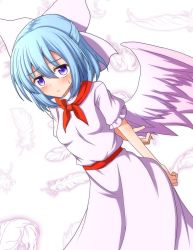 Rule 34 | angel wings, arms behind back, blue hair, blush, bow, bowtie, feathers, hair between eyes, highres, mai (touhou), neckerchief, nervous, red neckerchief, solo, teoi (good chaos), touhou, touhou (pc-98), white background, wings