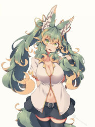 Rule 34 | 1girl, animal ear fluff, animal ears, black thighhighs, breasts, cleavage, commentary request, green eyes, green hair, kuromiya, kuromiya raika, large breasts, long hair, looking at viewer, multicolored hair, open mouth, orange hair, original, simple background, solo, thighhighs, two-tone hair, white background, zettai ryouiki
