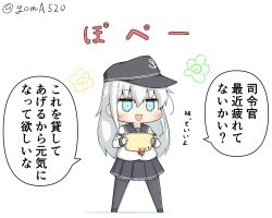Rule 34 | 1girl, anchor symbol, basin, black hat, black sailor collar, black skirt, black thighhighs, blue eyes, chibi, commentary request, flat cap, full body, goma (yoku yatta hou jane), hat, hibiki (kancolle), kantai collection, long hair, looking at viewer, neckerchief, open mouth, pleated skirt, red neckerchief, sailor collar, school uniform, serafuku, silver hair, simple background, skirt, smile, solo, thighhighs, translation request, white background