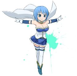 Rule 34 | 10s, 1girl, abekawa, alternate breast size, blue eyes, blue hair, breasts, cape, cleavage, detached sleeves, gloves, large breasts, magical girl, mahou shoujo madoka magica, mahou shoujo madoka magica (anime), matching hair/eyes, miki sayaka, simple background, solo, thighhighs, white background, white gloves, white thighhighs