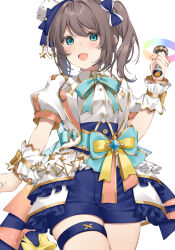 Rule 34 | 1girl, aqua bow, aqua bowtie, aqua eyes, blue bow, blue footwear, blue hat, blue shorts, blush, bow, bowtie, breasts, brown hair, collared shirt, commentary, cowboy shot, erubusubori, fang, hair bow, hand up, hat, highres, holding, holding microphone, hololive, hololive idol uniform (bright), jacket, leg up, medium hair, microphone, mini hat, natsuiro matsuri, open clothes, open jacket, open mouth, puffy short sleeves, puffy sleeves, shirt, short shorts, short sleeves, shorts, side ponytail, skin fang, small breasts, solo, standing, standing on one leg, thigh strap, variant set, virtual youtuber, white jacket, white shirt, wrist cuffs