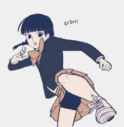 Rule 34 | !, !!, 10s, 1boy, bad id, bad pixiv id, beul, black hair, blazer, blunt bangs, bow, bowtie, braid, brown bow, brown bowtie, brown skirt, clenched hand, clothes lift, cross-laced footwear, crossdressing, flat color, jacket, kageyama shigeo, kicking, korean text, leg up, long sleeves, male focus, miniskirt, mob face, mob psycho 100, open mouth, pleated skirt, school uniform, shoes, shorts, shorts under skirt, simple background, skirt, skirt lift, sneakers, socks, solo, trap, twin braids, twintails, upskirt