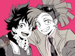 Rule 34 | 2boys, arm around shoulder, beckoning, boku no hero academia, collared shirt, eyewear on head, freckles, greyscale with colored background, grin, jacket, looking at viewer, male focus, mask, unworn mask, mkm (mkm storage), monochrome, multiple boys, necktie, open mouth, reaching, reaching towards viewer, red background, rody soul, shirt, signature, simple background, smile, striped necktie, sunglasses